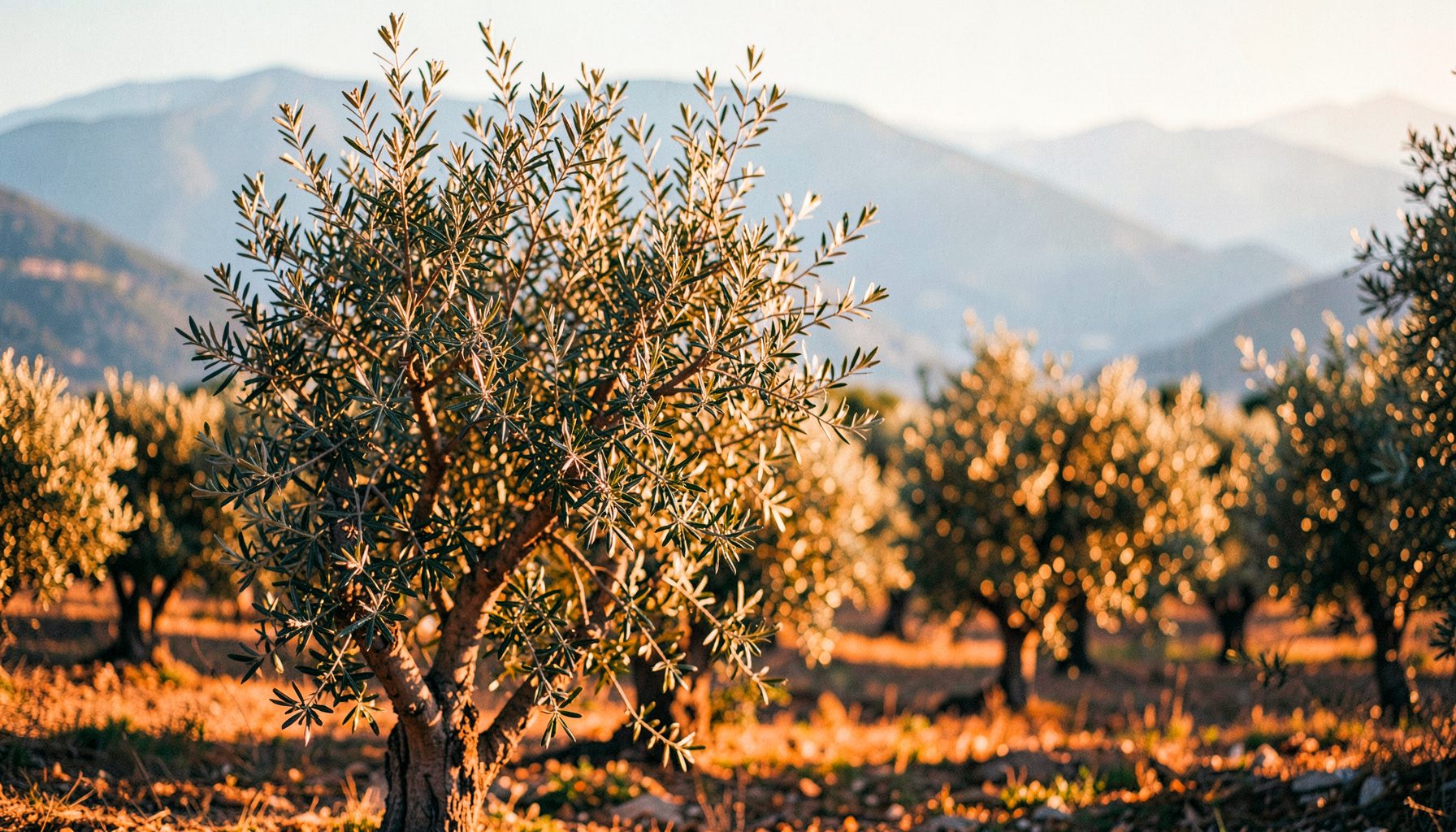 Sunlit olive grove with silvery-green leaves against soft blue mountains, golden hour light